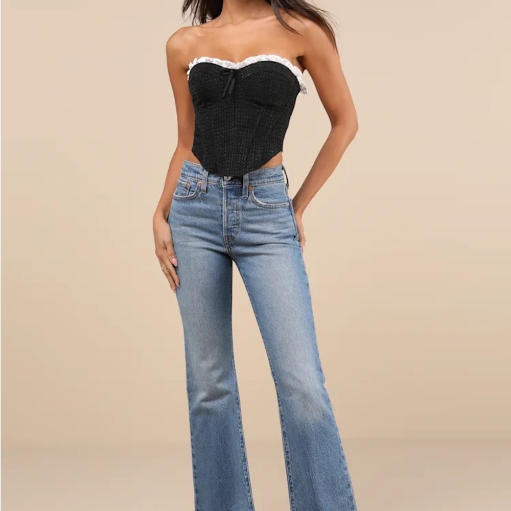NEW Black Tweed Bustier Ruffled Crop Top - Picture 2 of 5